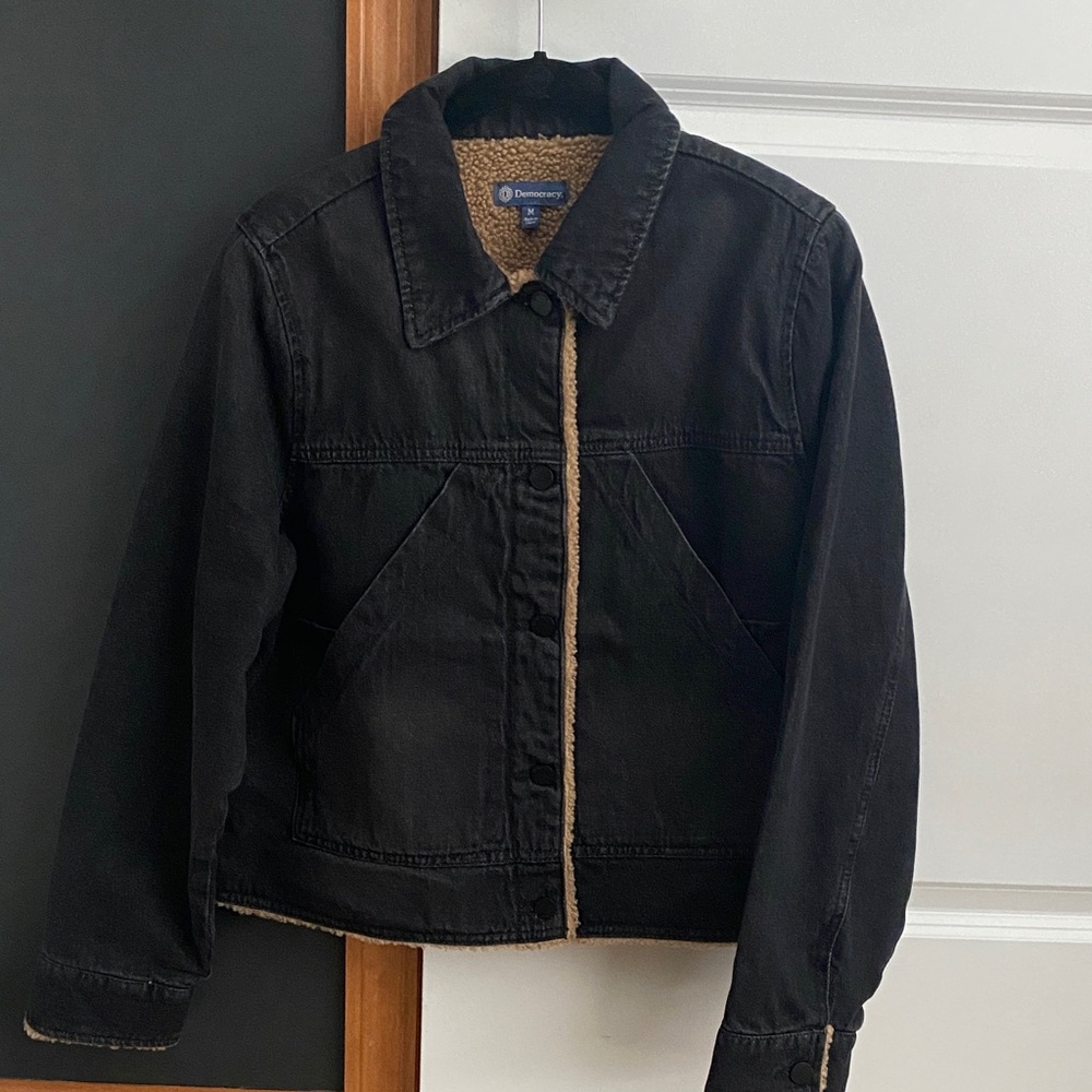 Democracy Black Jean Jacket with Tan Trim